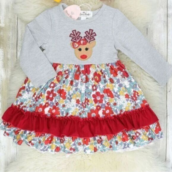 NWT Infant Floral Ruffle Reindeer Dress Christmas Holiday - Size 6-12 month - Picture 1 of 6
